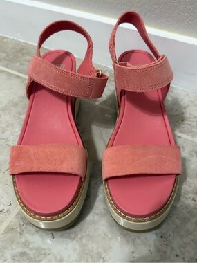 Sorel Women's Joanie IV Y Strap Wedge Sandals in Coral Color (Size 40)